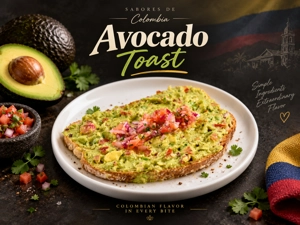 Tostada de aguacate colombiana con aguacate y pico de gallo en un plato blanco.