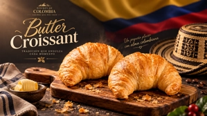 Croissant de mantequilla sobre tabla de madera con mantequilla en un tazón. Fondo con bandera colombiana y sombrero vueltiao.