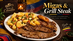 Migas con carne asada colombiana con trozos de yuca, carne a la parrilla y plátano frito en un plato blanco.