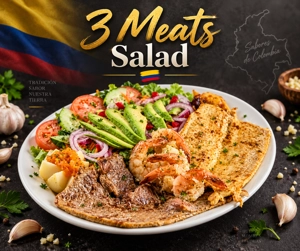 Ensalada Tres Carnes colombiana con carne, pollo y camarones en West New York.
