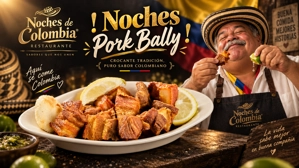 Chicharrón colombiano con rodajas de limón y arepa en un plato. Un hombre sonriente exprime limón sobre el chicharrón.