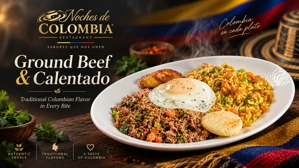 Calentado con carne molida y huevo frito, acompañado de arroz con frijoles y plátano maduro en un plato colombiano.