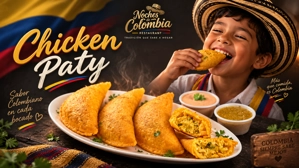 Empanada de pollo colombiana con relleno de pollo y cilantro, acompañada de salsas en un plato en Nueva York.