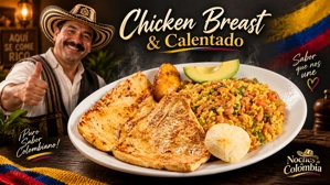 Calentado con pechuga colombiana, acompañado de arroz con frijoles, plátano maduro y aguacate en un plato.