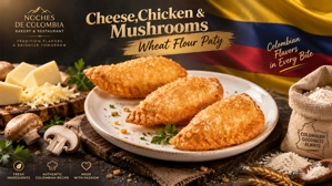 Empanada hojaldrada de pollo y champiñones colombiana con queso y champiñones visibles en un plato.