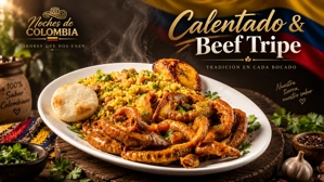 Calentado con chunchurria colombiano, arroz y plátano en un plato blanco.