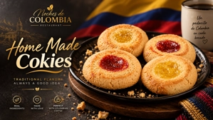 Galletas de piña y guayaba colombianas con mermelada roja y amarilla en un plato. Fondo con bandera colombiana.