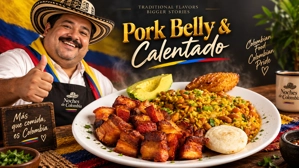 Calentado con chicharrón colombiano con arroz, frijoles y aguacate en un plato.
