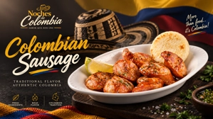Chorizo colombiano con rodajas de limón y una arepa en un plato blanco. Fondo con bandera de Colombia y sombrero vueltiao.