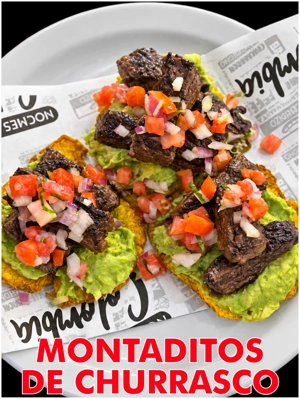 Montaditos de churrasco with grilled beef, guacamole, and diced tomatoes in Union City.