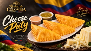Empanada de queso colombiana con masa dorada y queso rallado en un plato, acompañada de salsas.