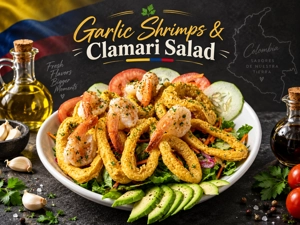 Ensalada de camarones y calamares fritos colombiana con rodajas de aguacate y pepino en West New York.