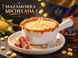 Mazamorra michelada colombiana con maíz y dulce de guayaba en West New York.