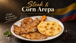Arepa con queso y carne asada colombiana en un plato, acompañada de plátano frito.