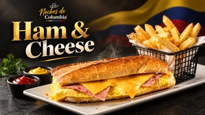 Sanduche jamón-queso con huevos, jamón y queso derretido, acompañado de papas fritas. Cocina colombiana.