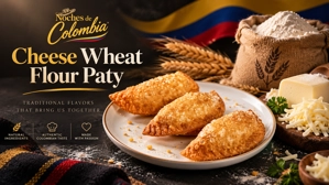 Empanada hojaldrada de queso colombiana con masa dorada y relleno de queso rallado en un plato.