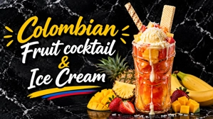 Salpicón con helado with visible strawberries and mango in Fairview, NJ. Colombian dessert with ice cream and fruit.