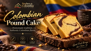 Torta de vainilla colombiana con remolinos de chocolate y fondo de bandera colombiana.
