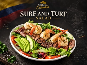 Ensalada de mar y tierra colombiana con aguacate, camarones y bistec en West New York.