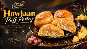 Hojaldres hawaianos con jamón y piña en un plato. Cocina colombiana en una mesa de madera.
