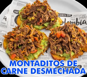 Montaditos de carne desmechada with shredded beef, avocado on crispy plantains, Colombian cuisine in Union City.