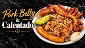 Calentado con chicharrón, featuring refried beans, pork crackling, avocado, and plantain, traditional Colombian dish in