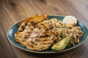 TYPICAL COLOMBIAN BREAKFAST W/ GRILLED CHICKEN BREAST 