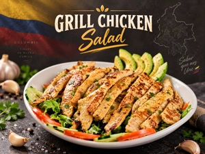 Ensalada de pollo con pollo a la parrilla, aguacate y lechuga en West New York, cocina colombiana.