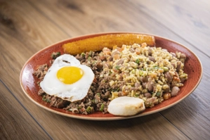 GROUND BEEF & EGGS W/ COLOMBIAN-STYLE RICE & BEANS