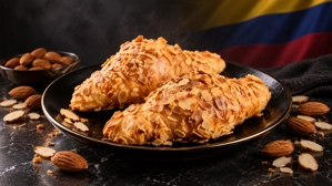 Vigilante de almendras con hojuelas de almendra y masa dorada en un plato negro. Fondo con bandera colombiana.