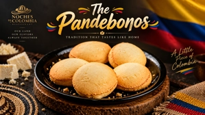 Pandebono colombiano en un plato negro, acompañado de queso blanco y una bandera de Colombia en el fondo.