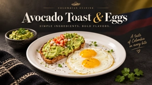 Tostada de aguacate con huevo, aguacate y tomate visibles, estilo colombiano.