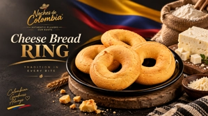 Pandeyuca colombiano con queso y harina en un plato negro, acompañado de queso fresco y harina en bolsas de yute.