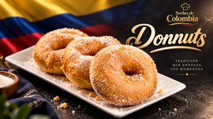 Donas colombianas espolvoreadas con azúcar en un plato blanco, con fondo de bandera colombiana.