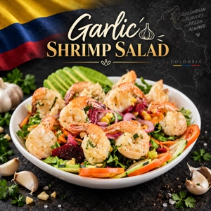 Ensalada de camarones al ajillo colombiana con camarones, aguacate y lechuga en West New York.