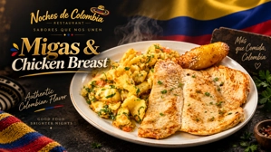 Migas con pechuga a la plancha colombiana con plátano maduro y perejil en un plato.