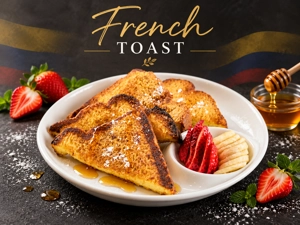 Tostada francesa con fresas y rodajas de plátano en un plato. Desayuno en una ciudad desconocida.