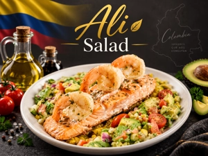 Ensalada de salmón a la parrilla con camarones, aguacate y tomates cherry en West New York, de cocina colombiana.