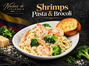 Pasta con camarones y brócoli en Noches de la 57, West New York. Se ven camarones, brócoli y pan de ajo.