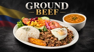 Especial carne molida colombiana con arroz, huevo frito y plátano en una ciudad desconocida.