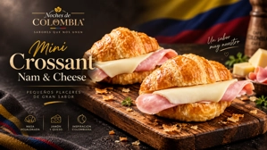 Mini croissant de jamón y queso con jamón visible y queso derretido en un fondo de inspiración colombiana.