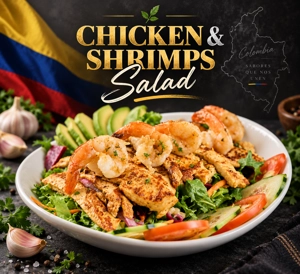 Ensalada de pollo y camarones al ajillo colombiana con pollo a la parrilla, camarones, lechuga y rodajas de tomate en West