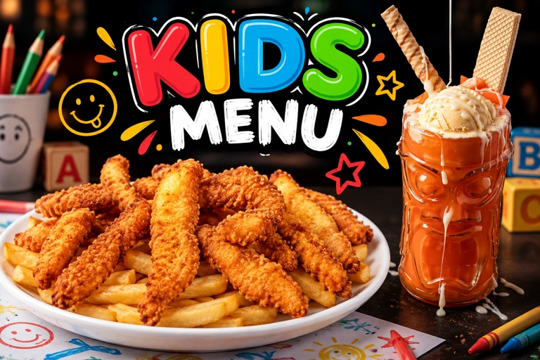 Kids menu category featuring a plate of chicken tenders and fries, with a colorful drink in a playful setting. Cuisine type