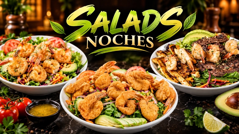 Salads category featuring bowls of fresh salads with shrimp and avocado. Cuisine type and city unknown.