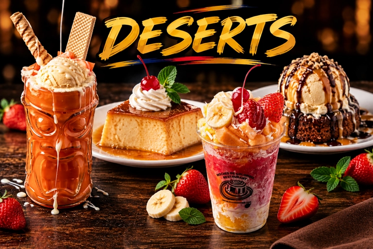 Desserts menu category featuring a variety of sweet treats, including flan and ice cream, possibly Colombian cuisine.