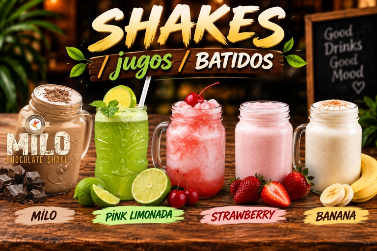 Category of shakes and juices featuring Milo chocolate shake, green lime juice, strawberry shake, and banana shake. Cuisine
