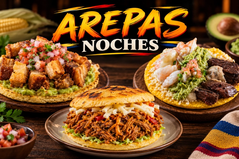 Assorted arepas with various toppings including shredded beef and avocado. Latin American cuisine.