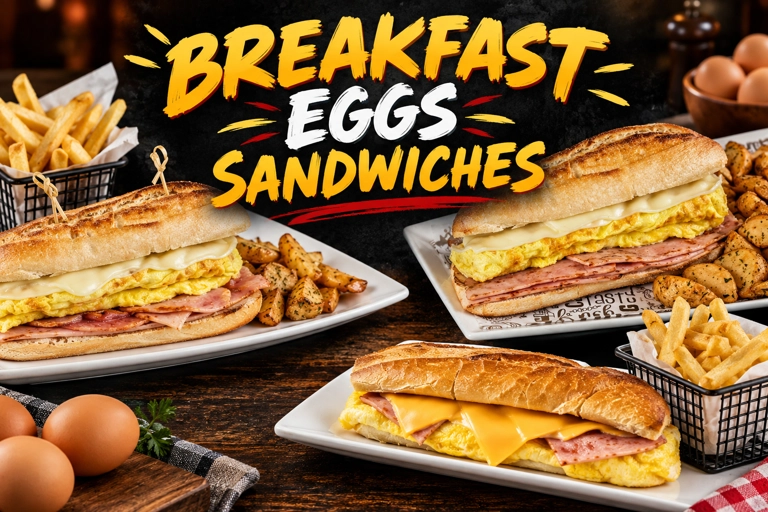 Sandwiches category featuring breakfast egg sandwiches with ham and cheese, served with fries and potatoes. Cuisine type and