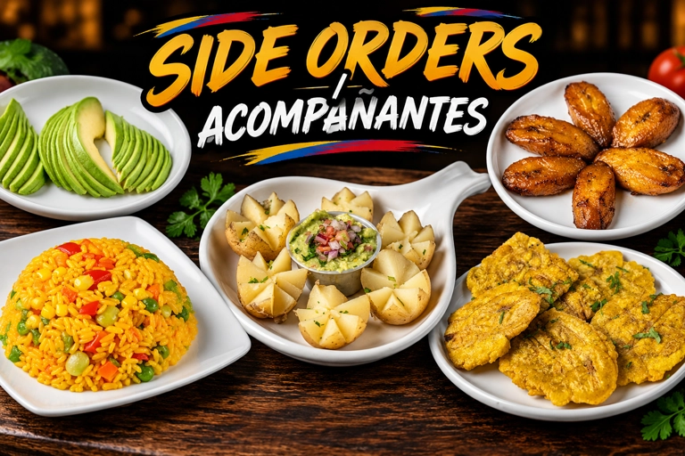 Thumbnail for 'ORDENES ADICIONALES' showing side orders with sliced avocado, fried plantains, and yellow rice. Cuisine and