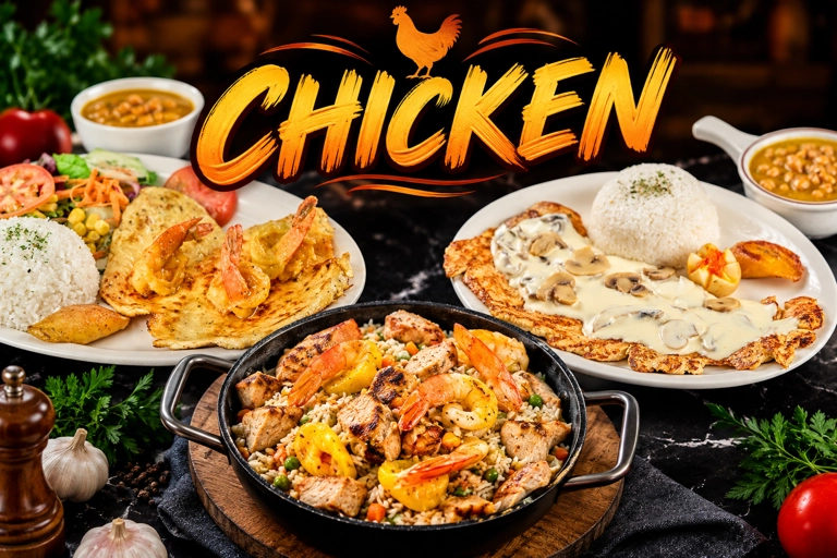 Chicken dishes category featuring grilled chicken with shrimp, rice, and vegetables. Cuisine type and city unknown.